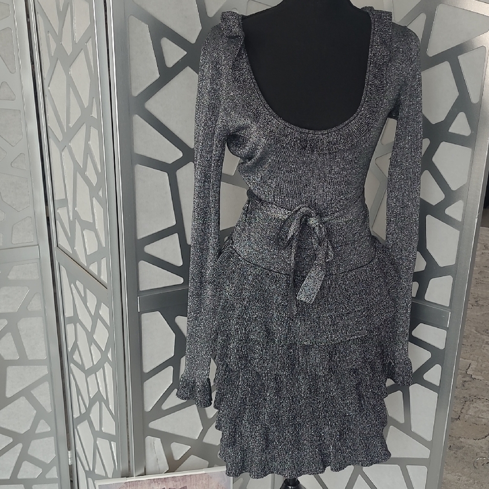 BCBG Shimmery Ruffled Bottom Belted Dress